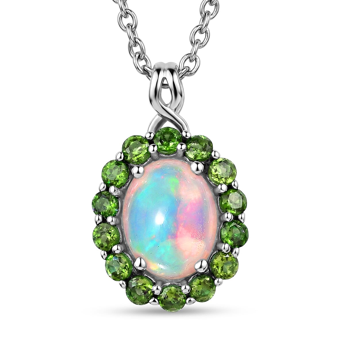 D'Joy Premium Ethiopian Welo Opal and Chrome Diopside 1.35 ctw Infinity Halo Pendant in Rhodium Over Sterling Silver with Stainless Steel Necklace 20 Inches