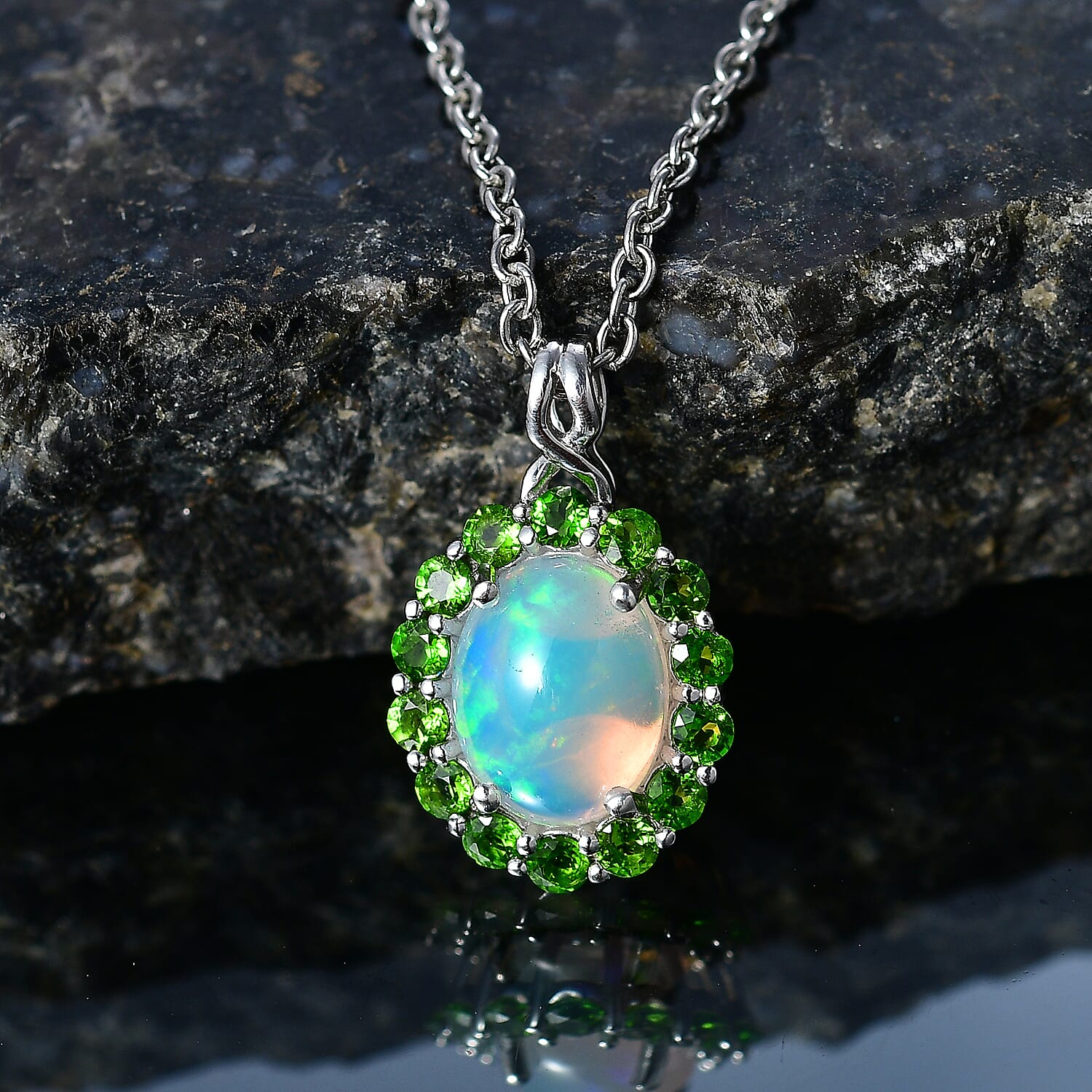 D'Joy Premium Ethiopian Welo Opal and Chrome Diopside 1.35 ctw Infinity Halo Pendant in Rhodium Over Sterling Silver with Stainless Steel Necklace 20 Inches