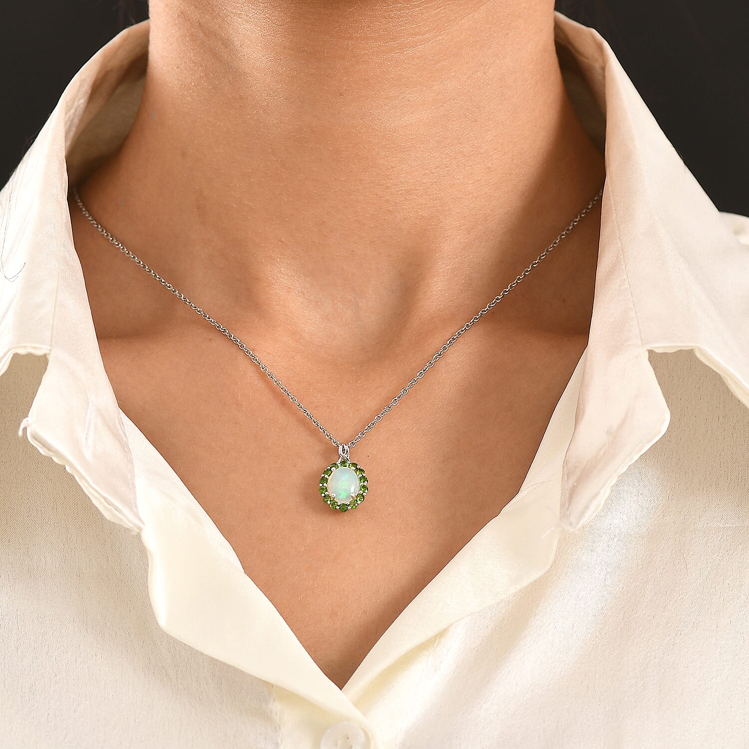 D'Joy Premium Ethiopian Welo Opal and Chrome Diopside 1.35 ctw Infinity Halo Pendant in Rhodium Over Sterling Silver with Stainless Steel Necklace 20 Inches