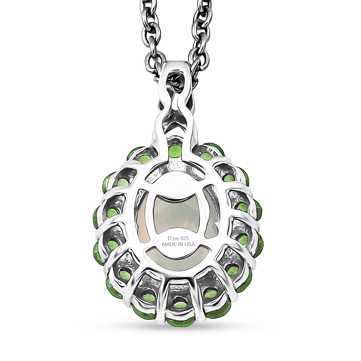 D'Joy Premium Ethiopian Welo Opal and Chrome Diopside 1.35 ctw Infinity Halo Pendant in Rhodium Over Sterling Silver with Stainless Steel Necklace 20 Inches