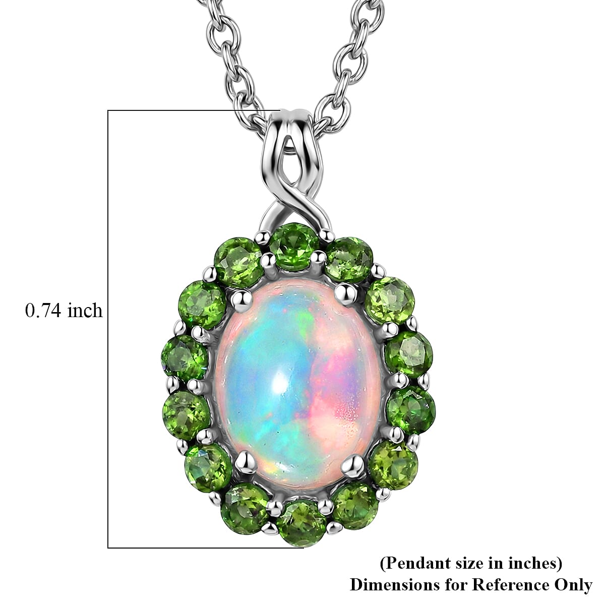 D'Joy Premium Ethiopian Welo Opal and Chrome Diopside 1.35 ctw Infinity Halo Pendant in Rhodium Over Sterling Silver with Stainless Steel Necklace 20 Inches