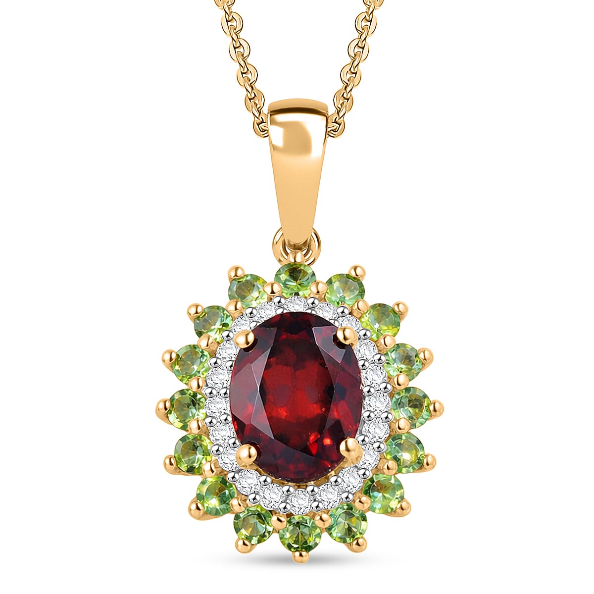 D'Joy AAA Red Zircon and Multi Gemstone 2.85 ctw Royal Bloom Radiance Pendant Necklace in 18K Vermeil Yellow Gold Over Sterling Silver 20 Inches