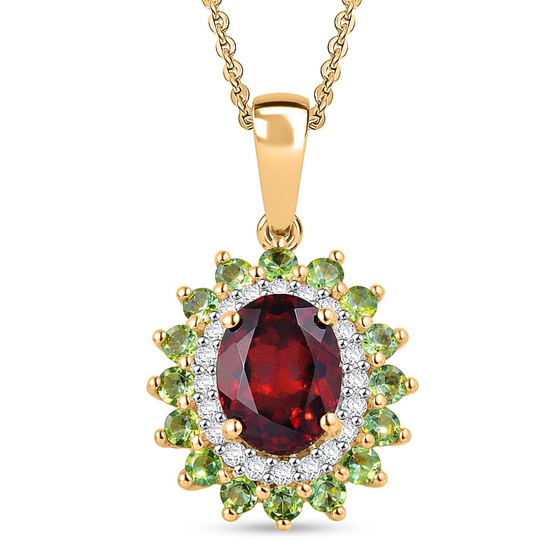 D'Joy AAA Red Zircon and Multi Gemstone 2.85 ctw Royal Bloom Radiance Pendant Necklace in 18K Vermeil Yellow Gold Over Sterling Silver 20 Inches