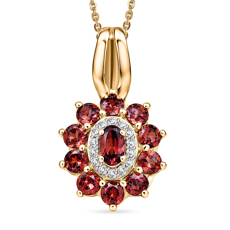 D'Joy AAA Red and White Zircon 2.30 ctw Red Flower Halo Pendant Necklace in 18K Vermeil Yellow Gold Over Sterling Silver 20 Inches