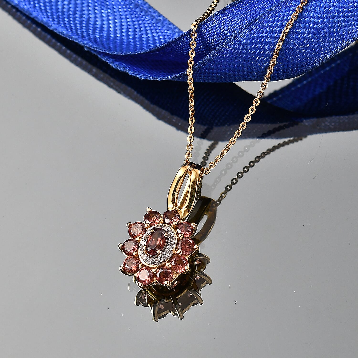 D'Joy AAA Red and White Zircon 2.30 ctw Red Flower Halo Pendant Necklace in 18K Vermeil Yellow Gold Over Sterling Silver 20 Inches
