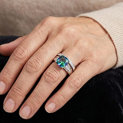 EverTure Peacock Quartz (Triplet) and White Zircon 3.10 ctw Set of 2 Band Ring in Platinum Bond (Size 6)