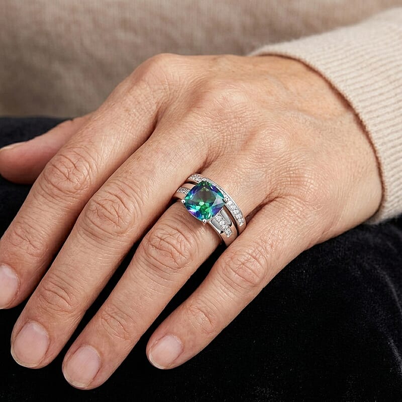 EverTure Peacock Quartz (Triplet) and White Zircon 3.10 ctw Set of 2 Band Ring in Platinum Bond (Size 6)