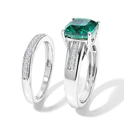 EverTure Peacock Quartz (Triplet) and White Zircon 3.10 ctw Set of 2 Band Ring in Platinum Bond (Size 6)