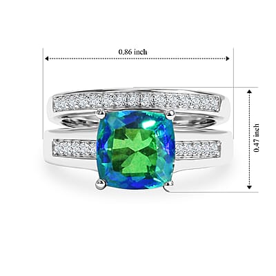 EverTure Peacock Quartz (Triplet) and White Zircon 3.10 ctw Set of 2 Band Ring in Platinum Bond (Size 6)