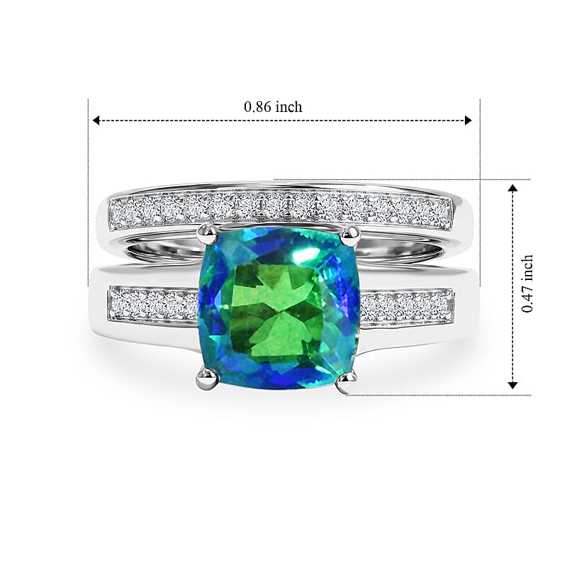 EverTure Peacock Quartz (Triplet) and White Zircon 3.10 ctw Set of 2 Band Ring in Platinum Bond (Size 6)
