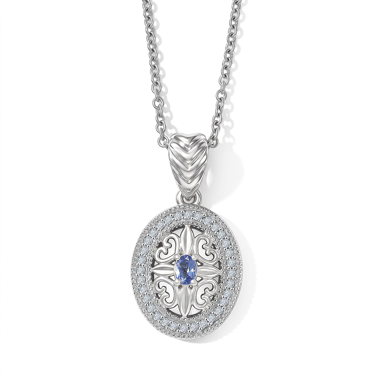 EverTure Tanzanite and White Zircon 0.60 ctw Pendant in Platinum Bond with Stainless Steel Necklace 20 Inches