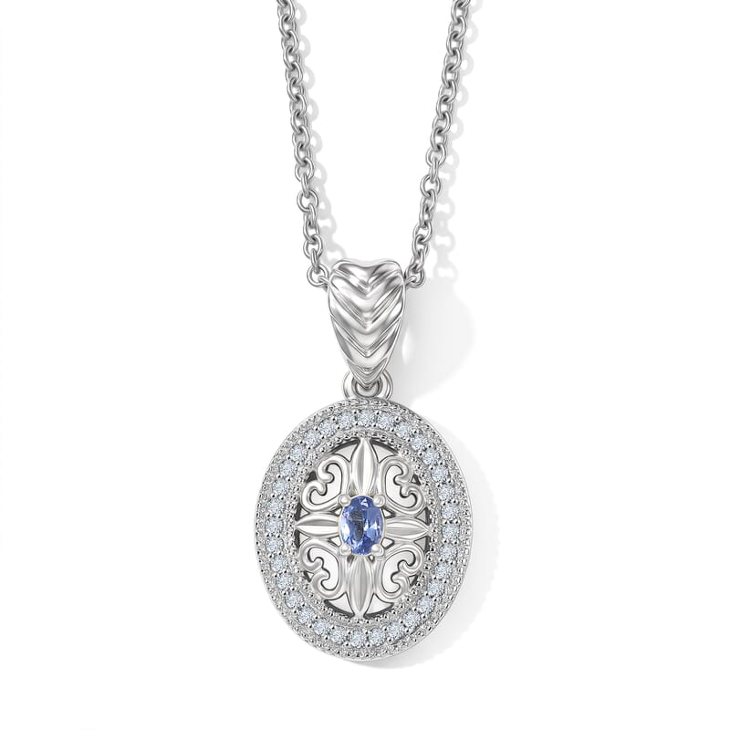 EverTure Tanzanite and White Zircon 0.60 ctw Pendant in Platinum Bond with Stainless Steel Necklace 20 Inches