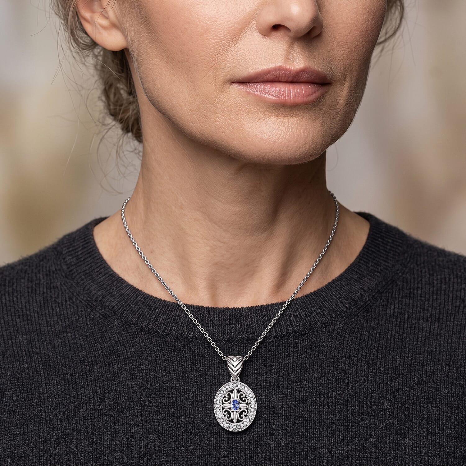 EverTure Tanzanite and White Zircon 0.60 ctw Pendant in Platinum Bond with Stainless Steel Necklace 20 Inches