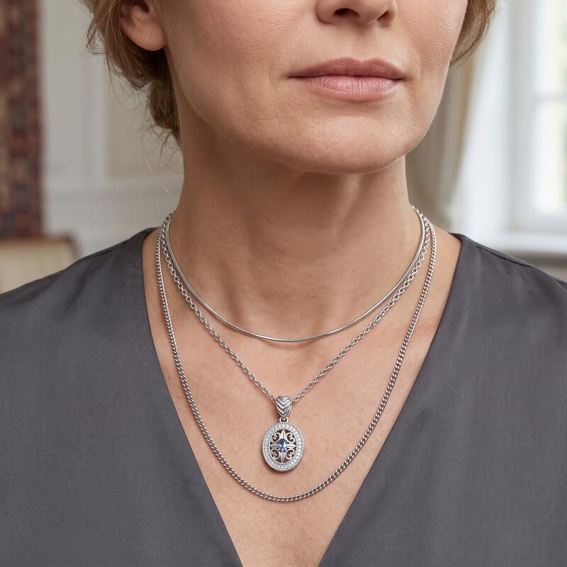 EverTure Tanzanite and White Zircon 0.60 ctw Pendant in Platinum Bond with Stainless Steel Necklace 20 Inches