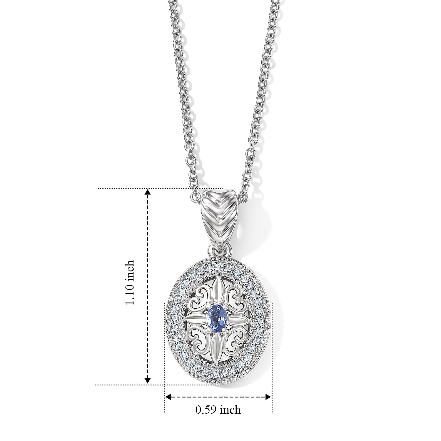 EverTure Tanzanite and White Zircon 0.60 ctw Pendant in Platinum Bond with Stainless Steel Necklace 20 Inches