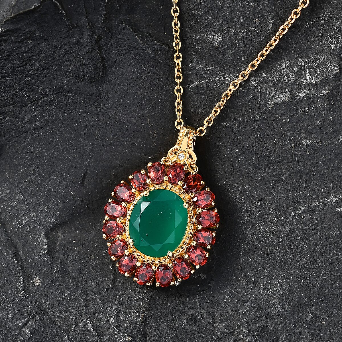 EverTrue Verde Onyx and Multi Gemstone 7.70 ctw Floral Blossom Pendant in 18K YG Plated with ION Plated YG Stainless Steel Necklace 20 Inches image number 1