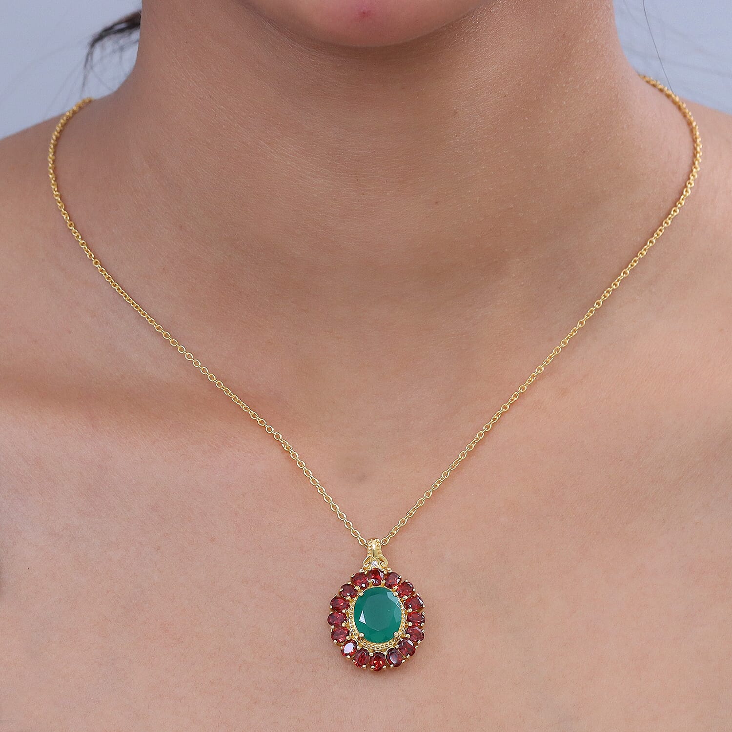 EverTrue Verde Onyx and Multi Gemstone 7.70 ctw Floral Blossom Pendant in 18K YG Plated with ION Plated YG Stainless Steel Necklace 20 Inches