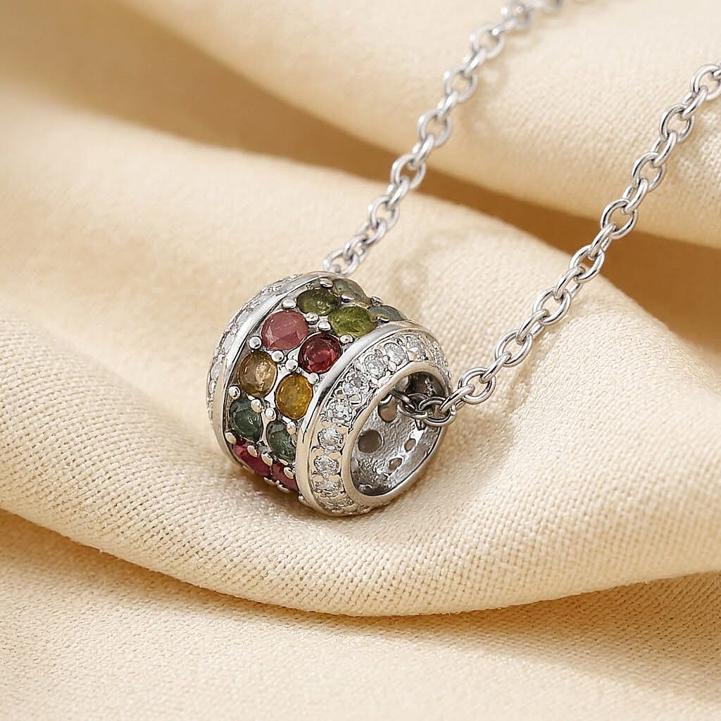 Tourmaline and Simulated Diamond 3.00 ctw Pendant in Silvertone with Stainless Steel Necklace 20 Inches