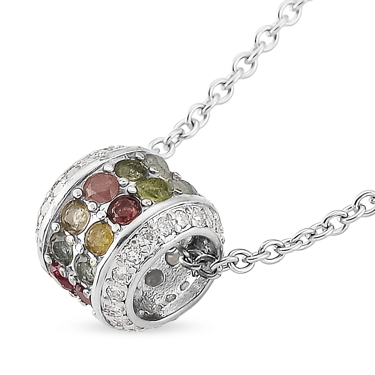Tourmaline and Simulated Diamond 3.00 ctw Pendant in Silvertone with Stainless Steel Necklace 20 Inches