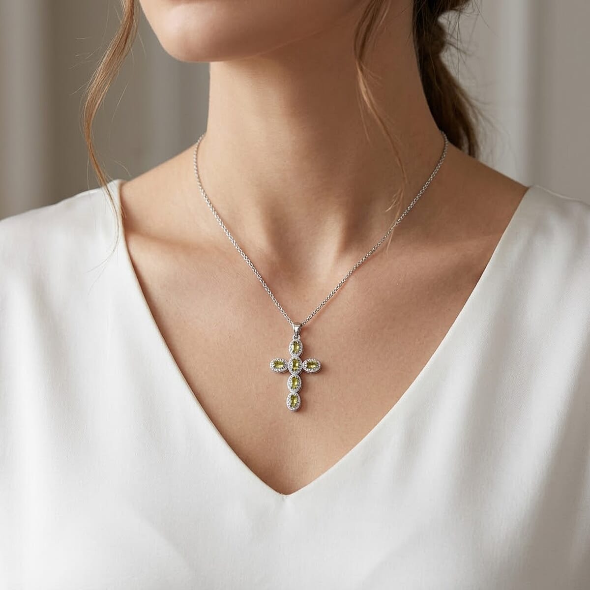 Hebei Peridot and Simulated Diamond 5.00 ctw Pendant in Silvertone with Stainless Steel Necklace 20 Inches image number 2