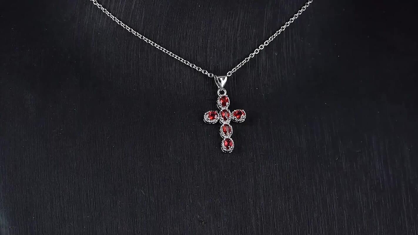 Mozambique Garnet and Simulated Diamond 5.00 ctw Pendant in Silvertone with Stainless Steel Necklace 20 Inches