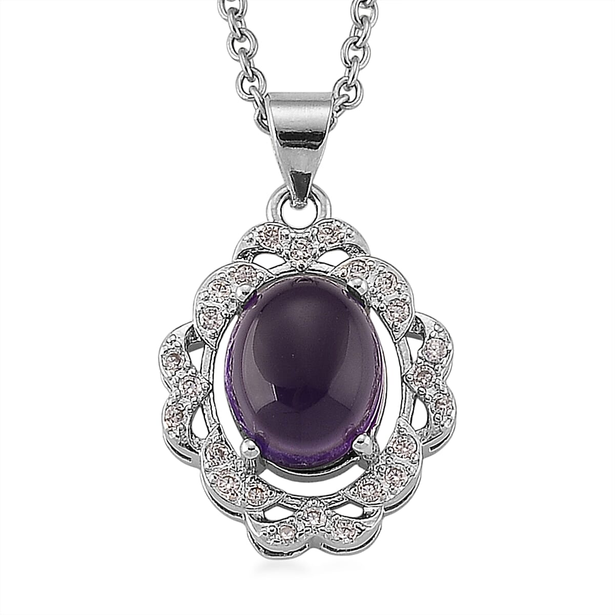 African Amethyst and Simulated Diamond 4.00 ctw Pendant in Silvertone with Stainless Steel Necklace 20 Inches