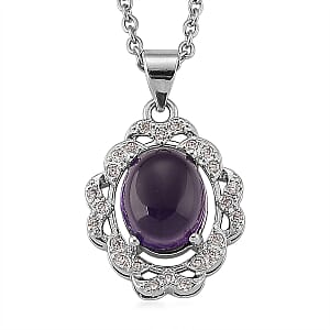 African Amethyst and Simulated Diamond 4.00 ctw Pendant in Silvertone with Stainless Steel Necklace 20 Inches