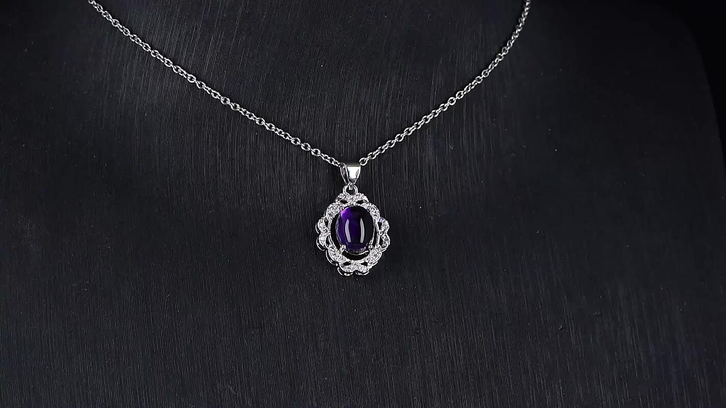 African Amethyst and Simulated Diamond 4.00 ctw Pendant in Silvertone with Stainless Steel Necklace 20 Inches