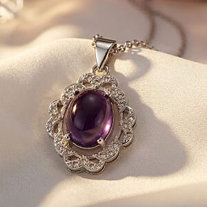 African Amethyst and Simulated Diamond 4.00 ctw Pendant in Silvertone with Stainless Steel Necklace 20 Inches