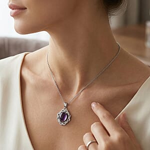 African Amethyst and Simulated Diamond 4.00 ctw Pendant in Silvertone with Stainless Steel Necklace 20 Inches