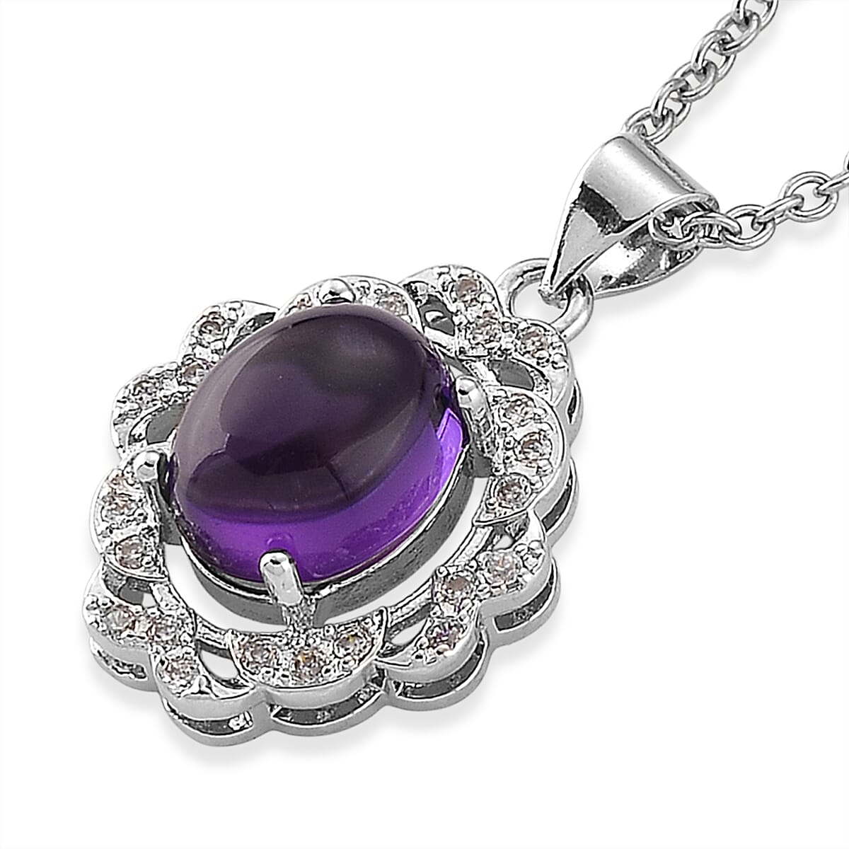 African Amethyst and Simulated Diamond 4.00 ctw Pendant in Silvertone with Stainless Steel Necklace 20 Inches image number 3