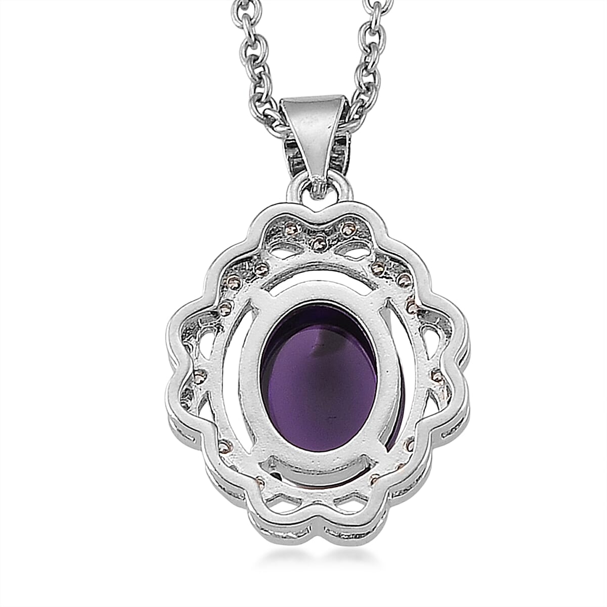 African Amethyst and Simulated Diamond 4.00 ctw Pendant in Silvertone with Stainless Steel Necklace 20 Inches