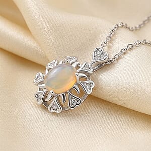 Opal and Simulated Diamond 3.00 ctw Pendant in Silvertone with Stainless Steel Necklace 20 Inches