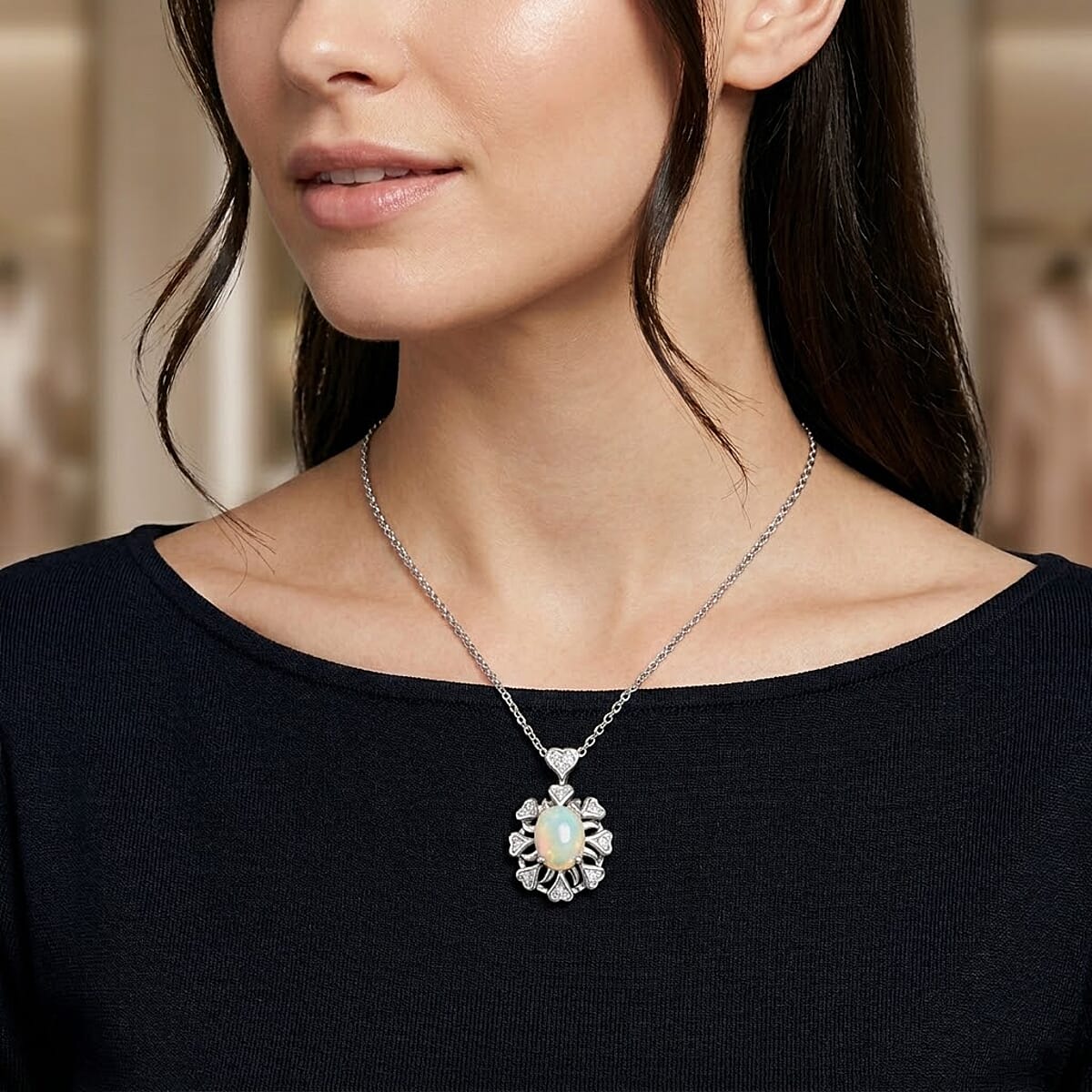 Opal and Simulated Diamond 3.00 ctw Pendant in Silvertone with Stainless Steel Necklace 20 Inches image number 2