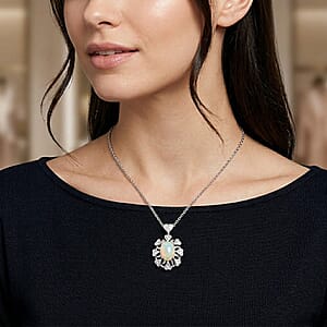 Opal and Simulated Diamond 3.00 ctw Pendant in Silvertone with Stainless Steel Necklace 20 Inches