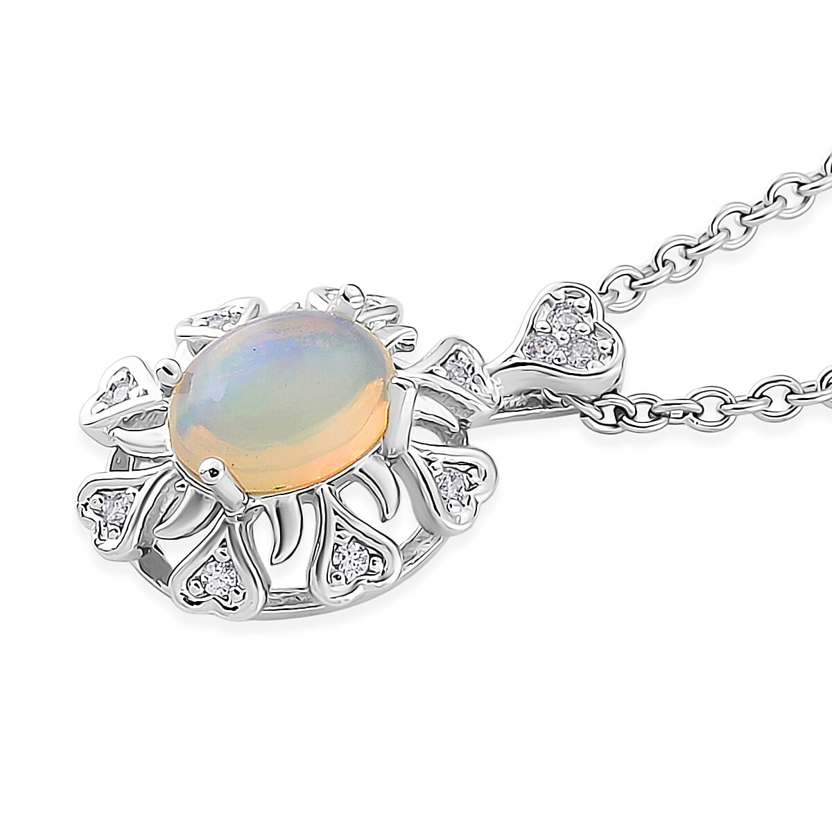 Opal and Simulated Diamond 3.00 ctw Pendant in Silvertone with Stainless Steel Necklace 20 Inches image number 3