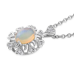 Opal and Simulated Diamond 3.00 ctw Pendant in Silvertone with Stainless Steel Necklace 20 Inches