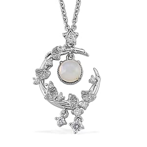 Opal and Simulated Diamond 3.00 ctw Pendant in Silvertone with Stainless Steel Necklace 20 Inches 