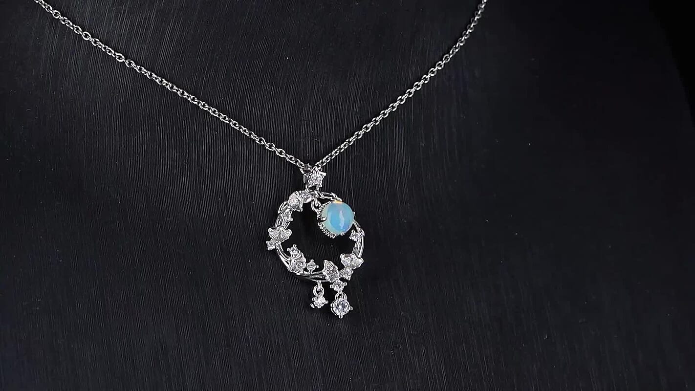 Opal and Simulated Diamond 3.00 ctw Pendant in Silvertone with Stainless Steel Necklace 20 Inches