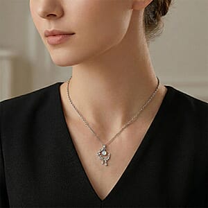 Opal and Simulated Diamond 3.00 ctw Pendant in Silvertone with Stainless Steel Necklace 20 Inches 