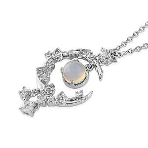 Opal and Simulated Diamond 3.00 ctw Pendant in Silvertone with Stainless Steel Necklace 20 Inches 