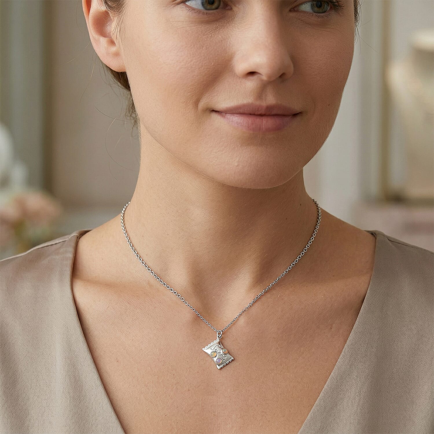 Opal 3.00 ctw Pendant in Silvertone with Stainless Steel Necklace 20 Inches
