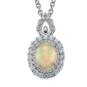 Opal and Simulated Diamond 6.00 ctw Pendant in Silvertone with Stainless Steel Necklace 20 Inches