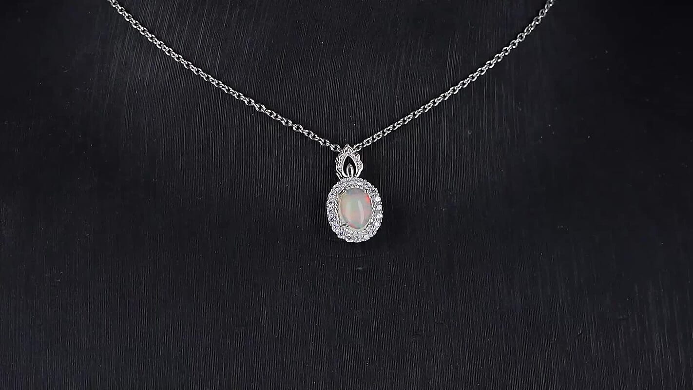 Opal and Simulated Diamond 6.00 ctw Pendant in Silvertone with Stainless Steel Necklace 20 Inches