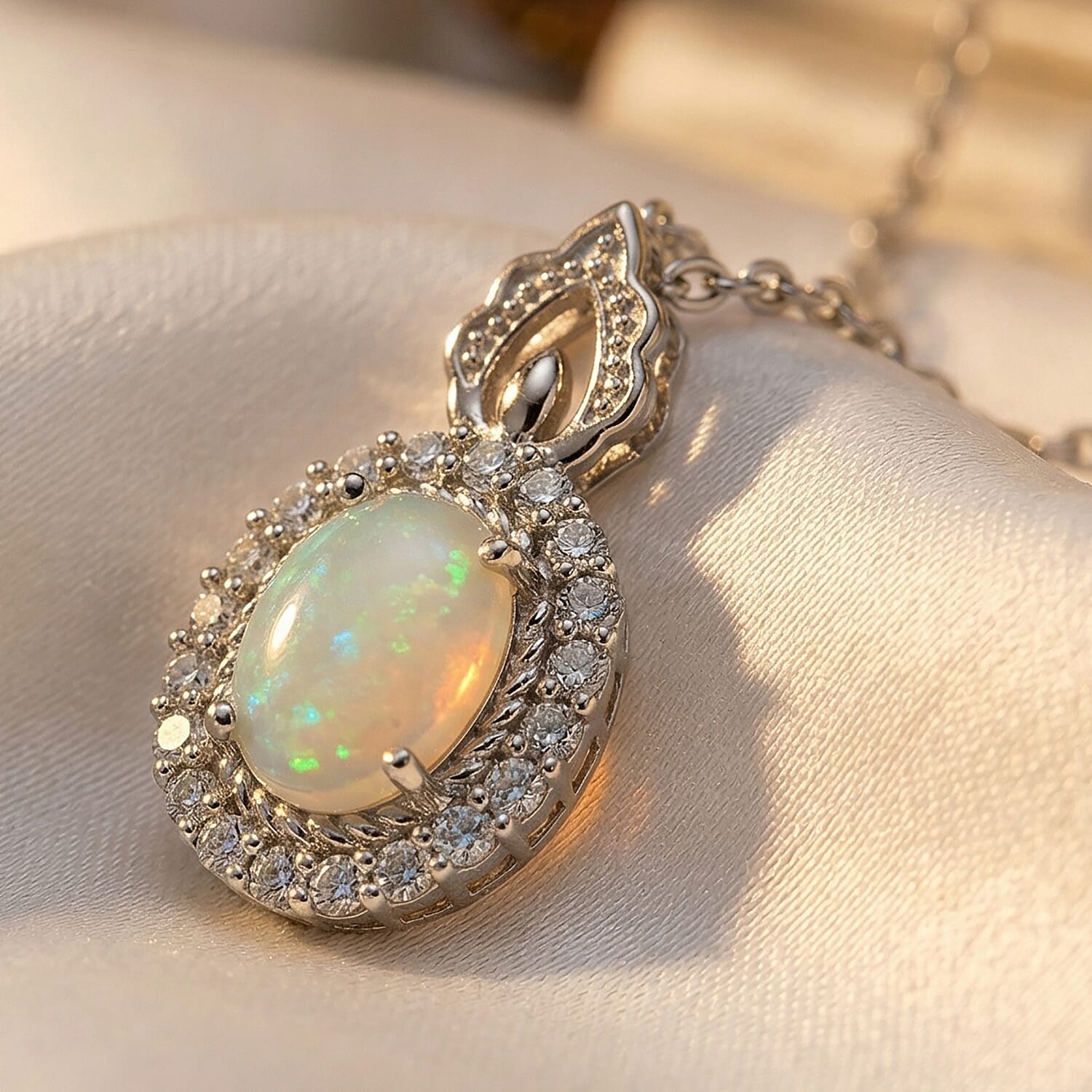 Opal and Simulated Diamond 6.00 ctw Pendant in Silvertone with Stainless Steel Necklace 20 Inches
