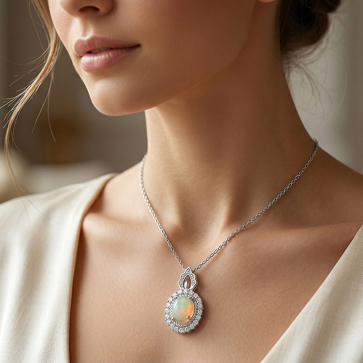 Opal and Simulated Diamond 6.00 ctw Pendant in Silvertone with Stainless Steel Necklace 20 Inches