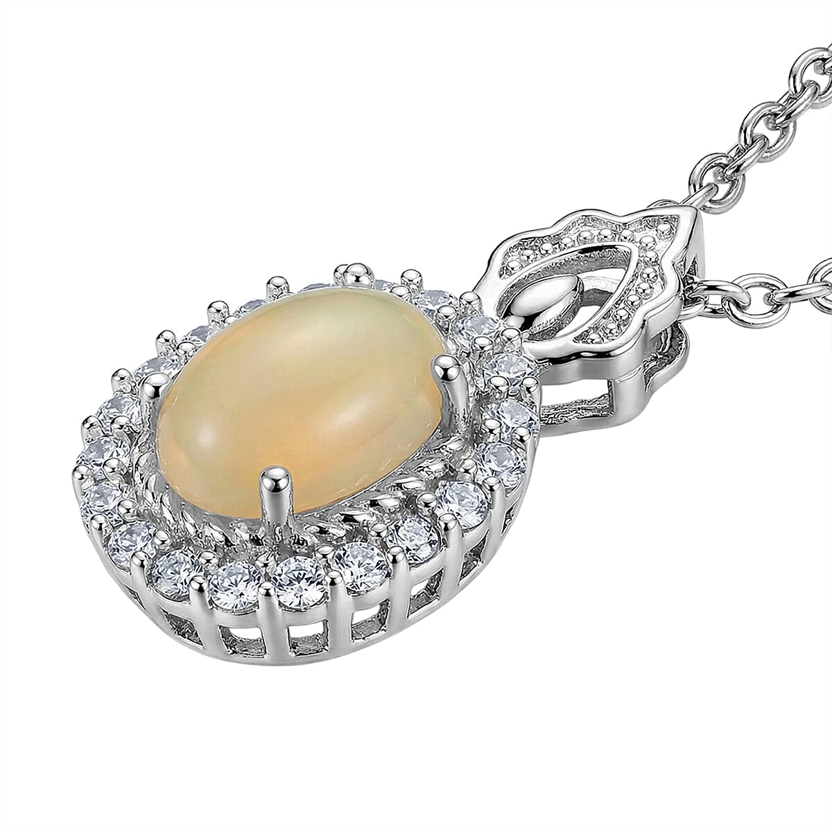Opal and Simulated Diamond 6.00 ctw Pendant in Silvertone with Stainless Steel Necklace 20 Inches image number 3