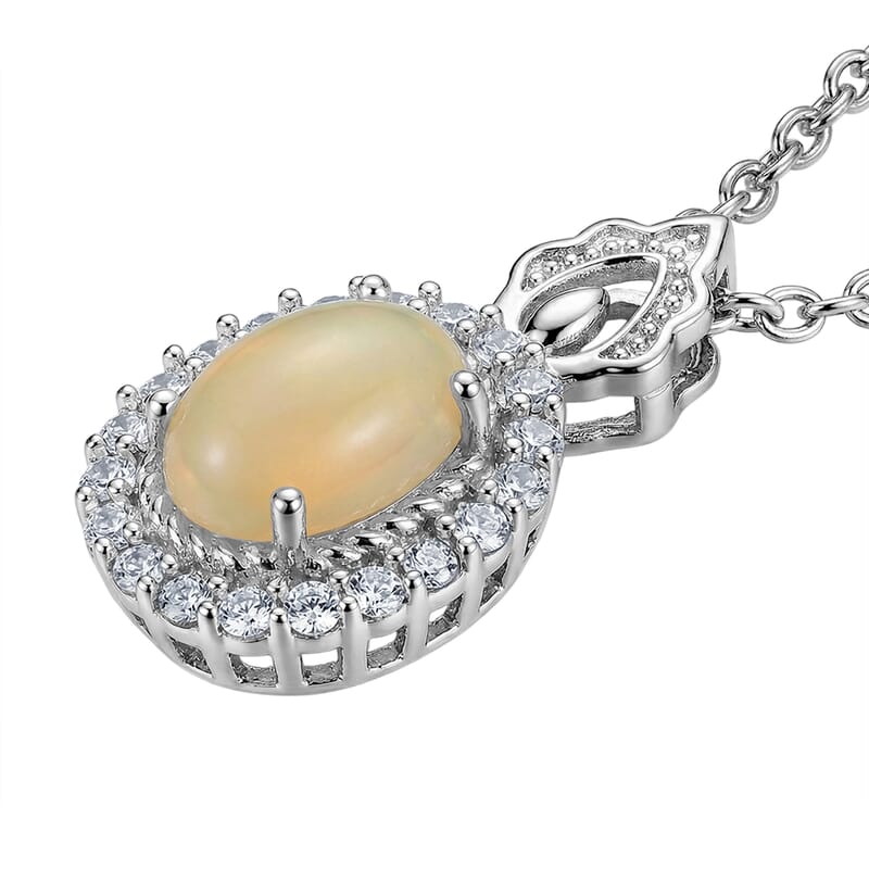Opal and Simulated Diamond 6.00 ctw Pendant in Silvertone with Stainless Steel Necklace 20 Inches