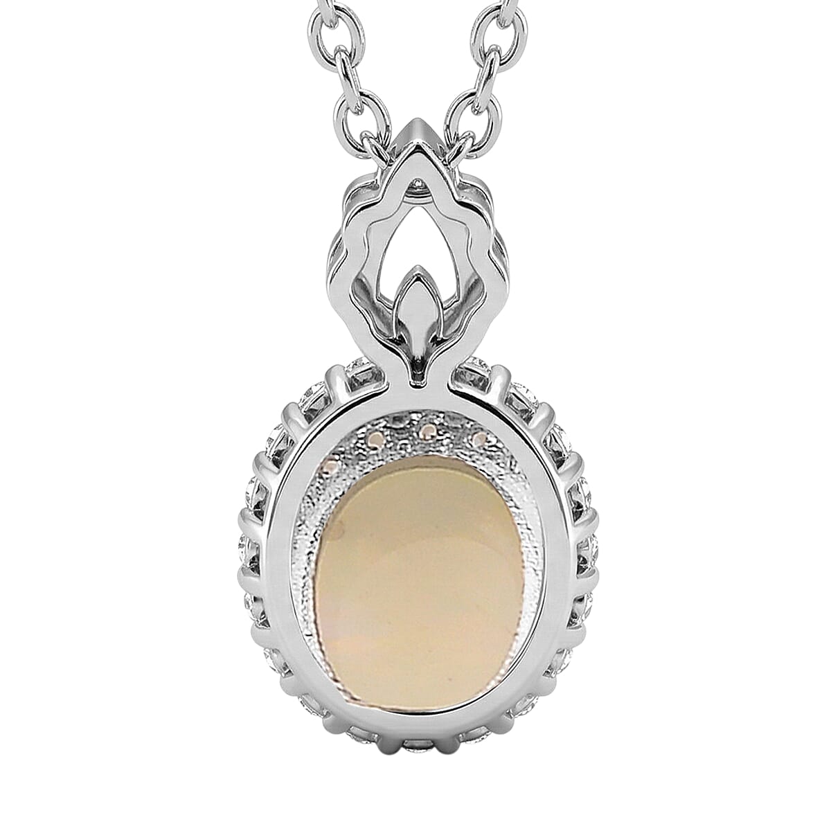 Opal and Simulated Diamond 6.00 ctw Pendant in Silvertone with Stainless Steel Necklace 20 Inches