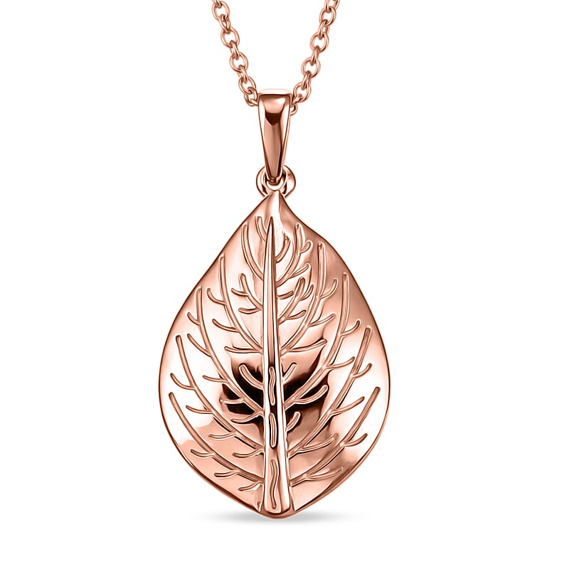 EverTrue Leaf Pendant in 14K RG Over Copper with ION Plated RG Stainless Steel Necklace 20 Inches